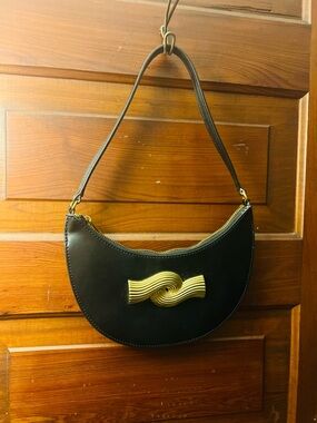 Zara Black Crescent Bag with Gold Sculptural Accent